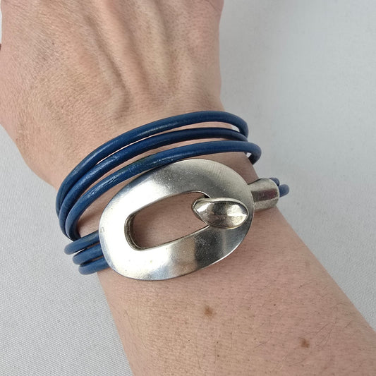 Blue Leather Sterling Silver Wrap Bracelet