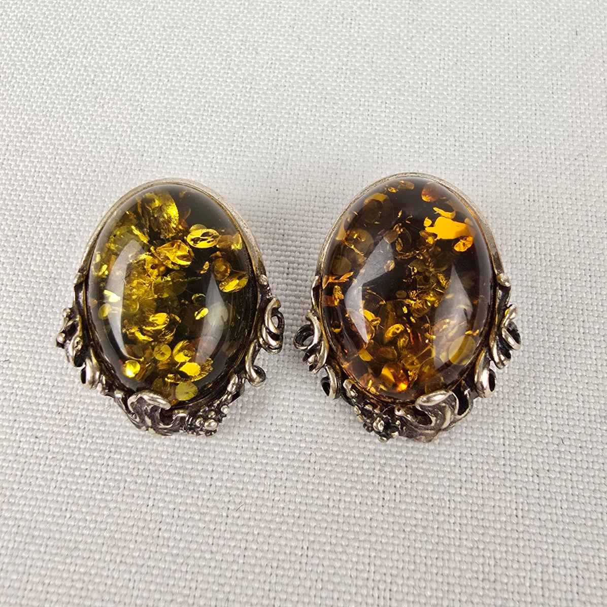Vintage 925 Sterling Silver Amber Clip On Earrings