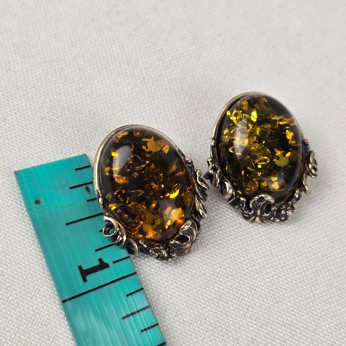 Vintage 925 Sterling Silver Amber Clip On Earrings
