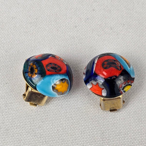 Vintage Glass Millefiori Colorful Clip On Earrings