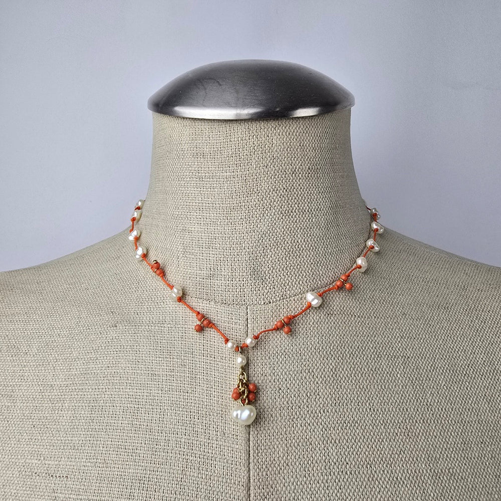 Avon Fresh Water Pearl Hand Knotted Beaded Coral Necklace & Earrings