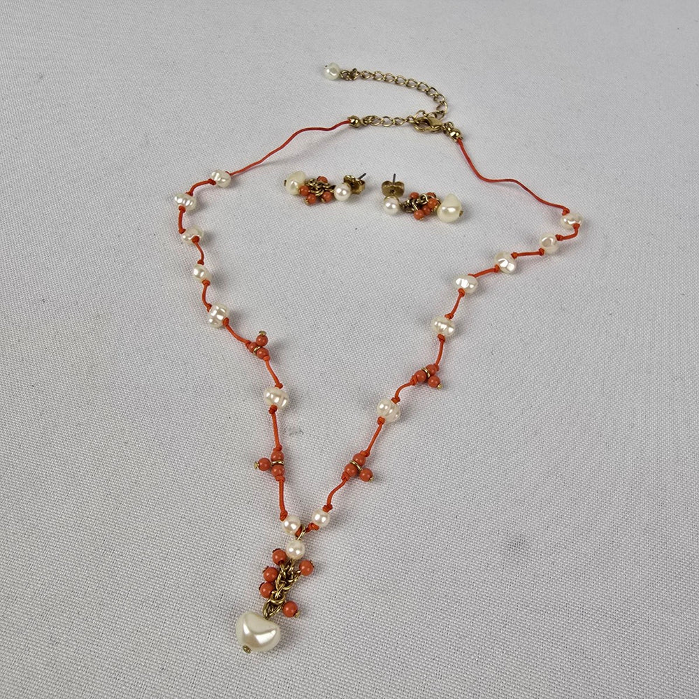 Avon Fresh Water Pearl Hand Knotted Beaded Coral Necklace & Earrings
