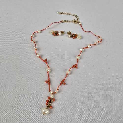 Avon Fresh Water Pearl Hand Knotted Beaded Coral Necklace & Earrings