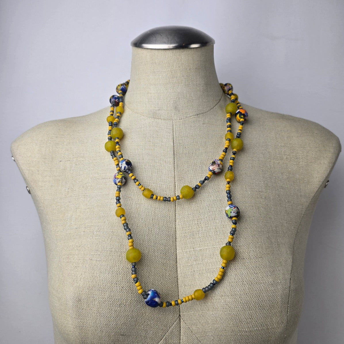 Handmade Yellow Glass Colorful Beaded Long Necklace