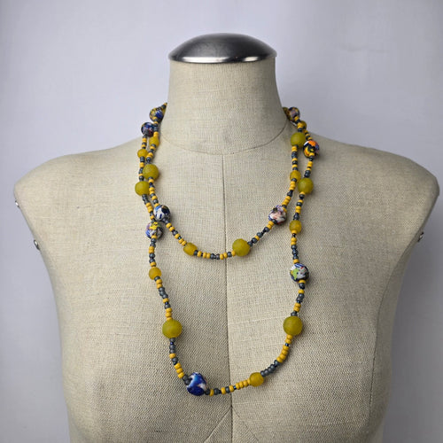 Handmade Yellow Glass Colorful Beaded Long Necklace