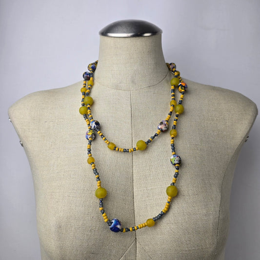 Handmade Yellow Glass Colorful Beaded Long Necklace