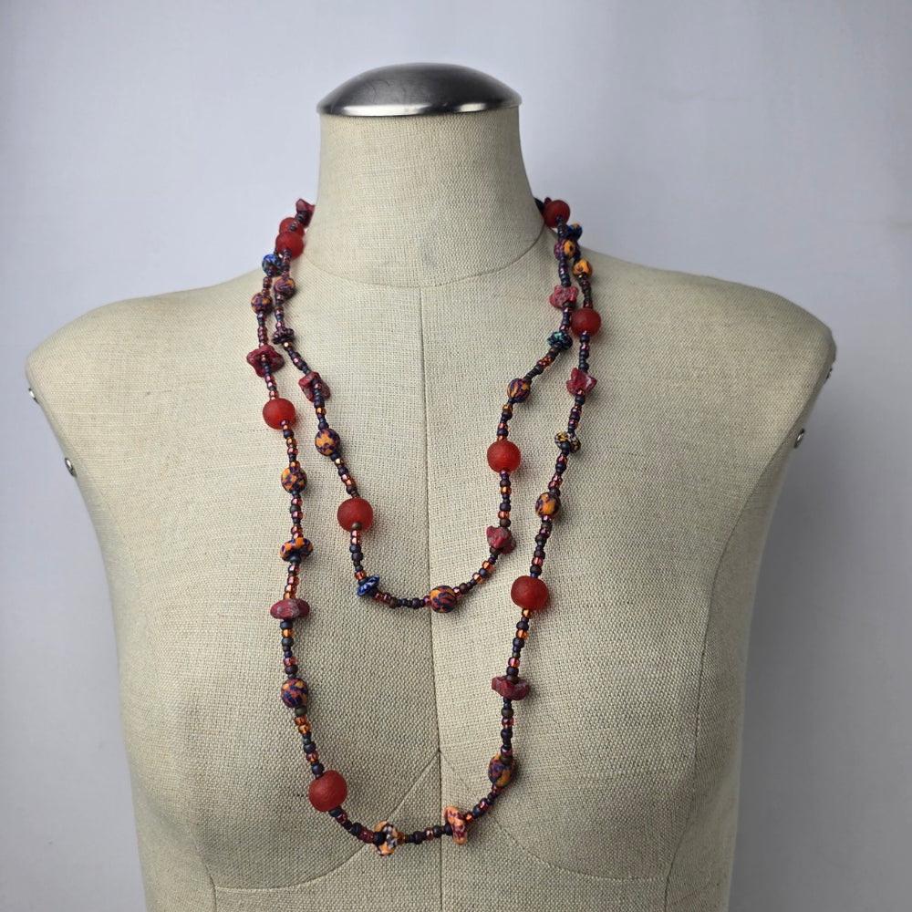 Handmade Red Glass Colorful Beaded Long Necklace