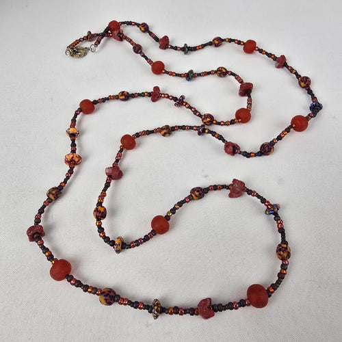 Handmade Red Glass Colorful Beaded Long Necklace