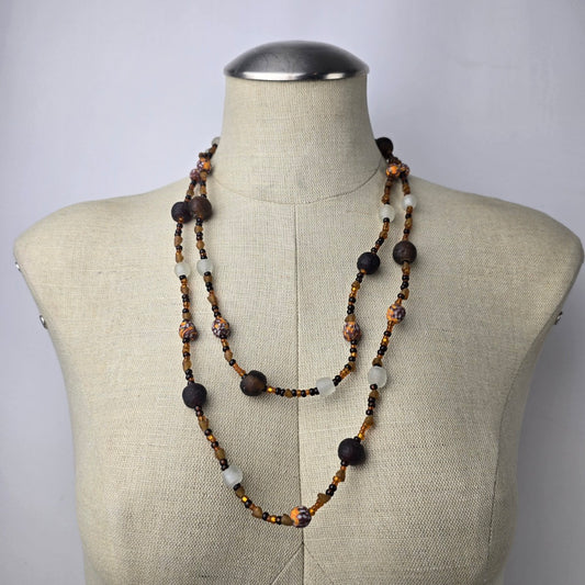 Handmade Brown & Black Glass Beaded Long Necklace