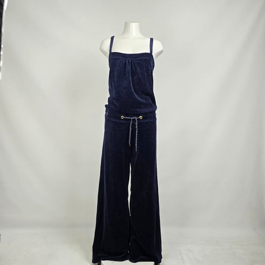 Juicy Couture Blue Velour Velvet Drawstring Wide Leg Jumpsuit Size M