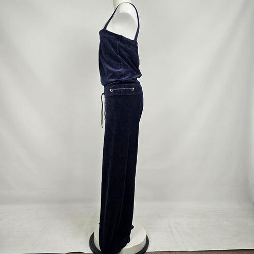 Juicy Couture Blue Velour Velvet Drawstring Wide Leg Jumpsuit Size M