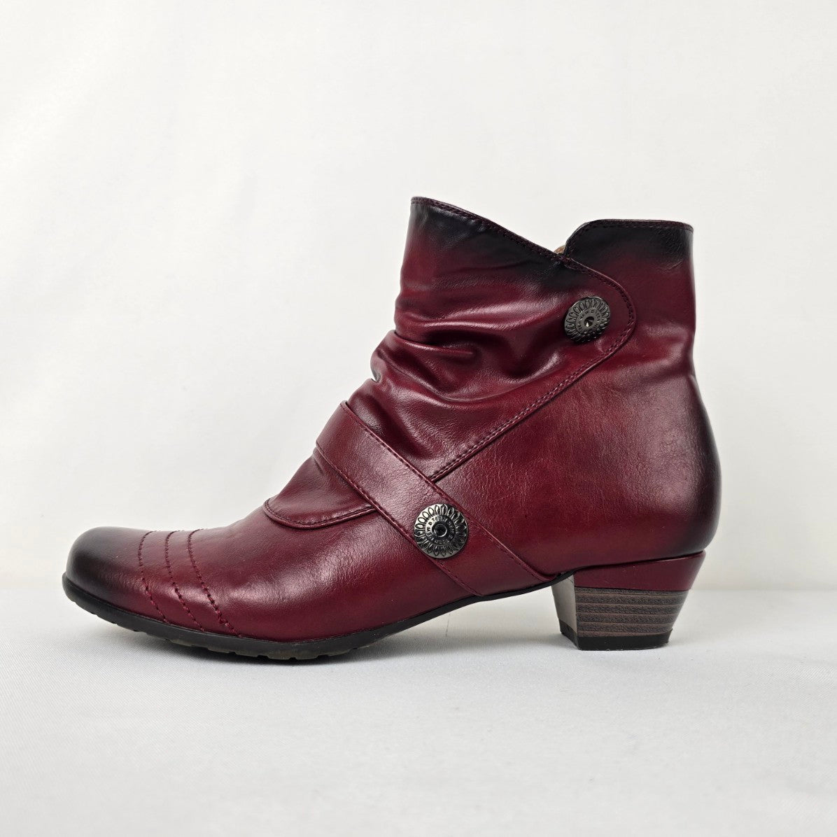 Red Button Detail Low Heel Ankle Boots Size 10