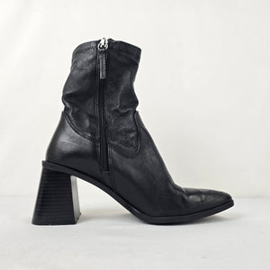Zara Black Leather Block Heel Pointed Toe Ankle Boots Size 6.5