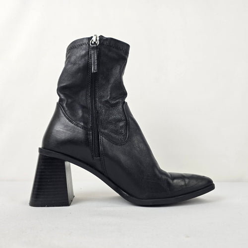 Zara Black Leather Block Heel Pointed Toe Ankle Boots Size 6.5