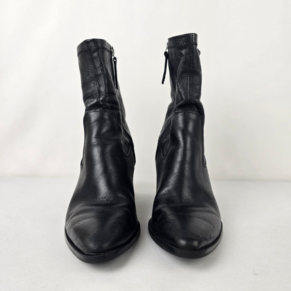 Zara Black Leather Block Heel Pointed Toe Ankle Boots Size 6.5
