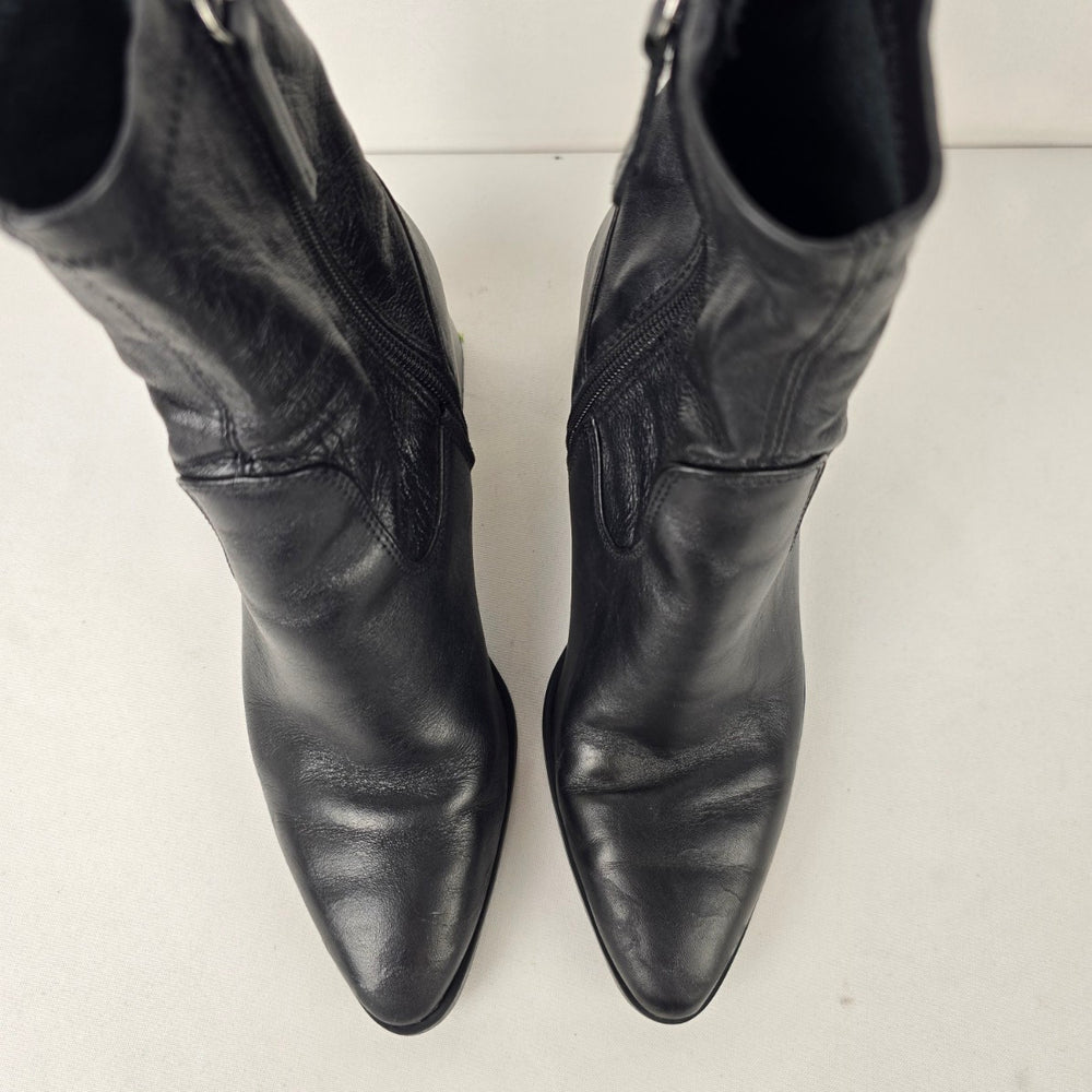 Zara Black Leather Block Heel Pointed Toe Ankle Boots Size 6.5