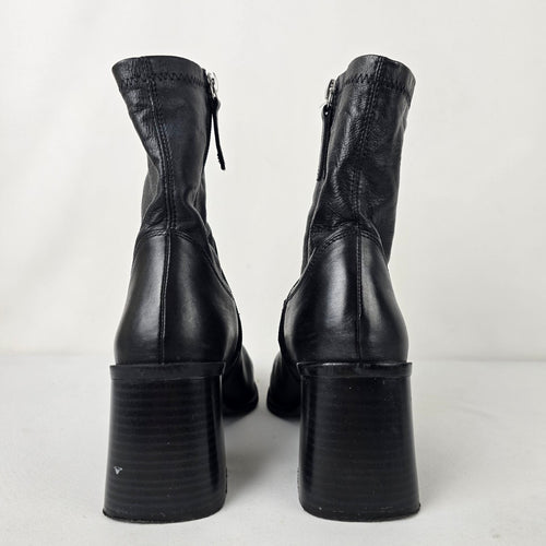 Zara Black Leather Block Heel Pointed Toe Ankle Boots Size 6.5