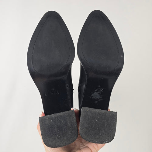 Zara Black Leather Block Heel Pointed Toe Ankle Boots Size 6.5