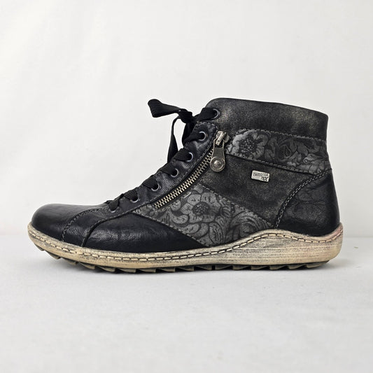 Remonte Black Leather Floral Lace Up HI top Sneakers Size 10