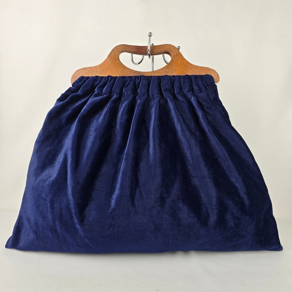 Vintage Navy Blue Velvet Wood Handle Purse Bag