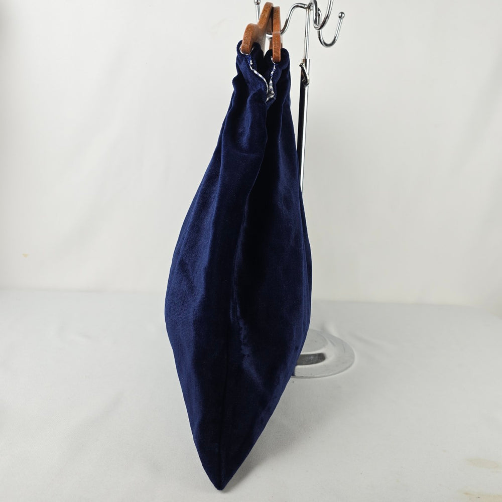 Vintage Navy Blue Velvet Wood Handle Purse Bag