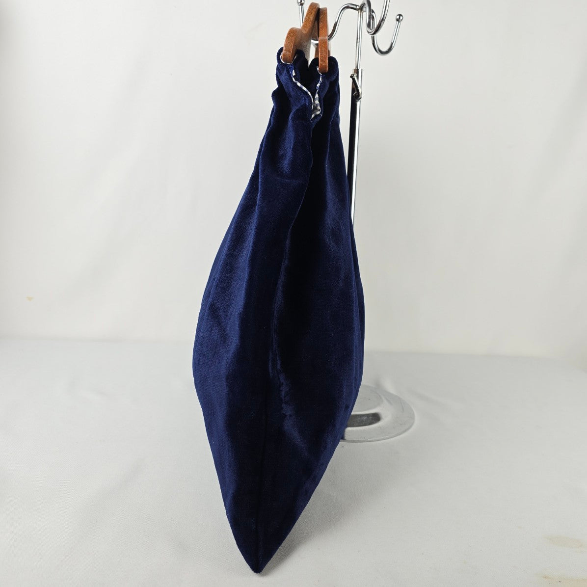 Vintage Navy Blue Velvet Wood Handle Purse Bag