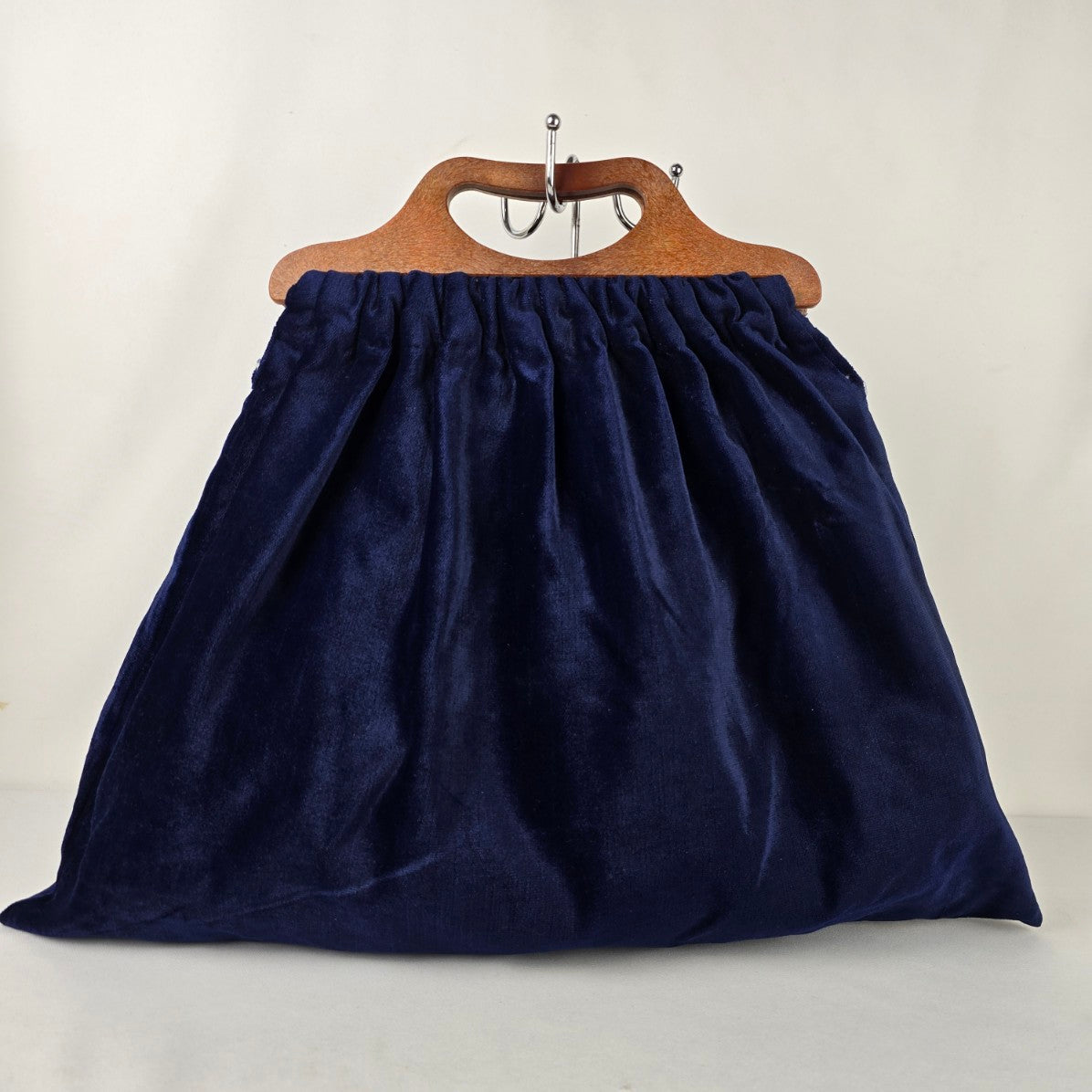 Vintage Navy Blue Velvet Wood Handle Purse Bag
