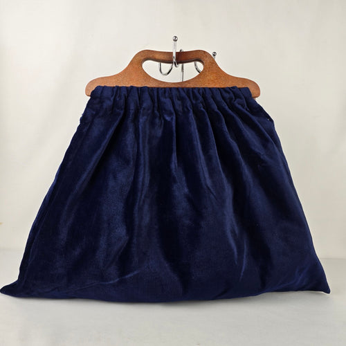 Vintage Navy Blue Velvet Wood Handle Purse Bag