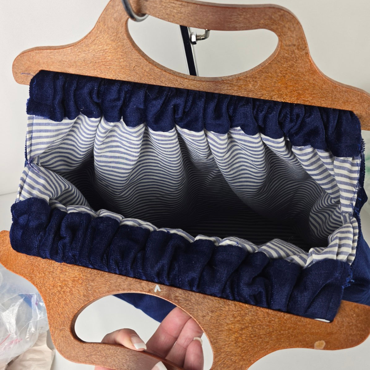 Vintage Navy Blue Velvet Wood Handle Purse Bag