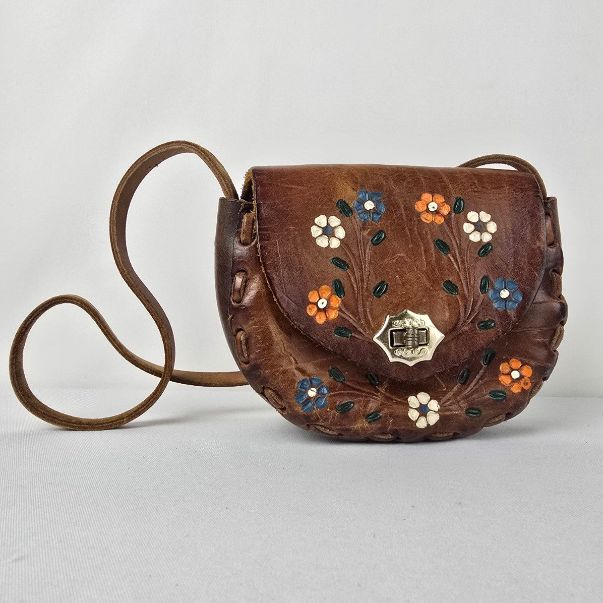 Vintage Mexico Brown Leather Floral Western Small Shoulder Purse