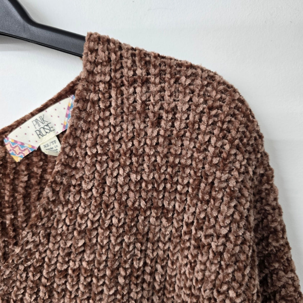 Pink Rose Brown Chenille Cropped Knit Sweater Size XS