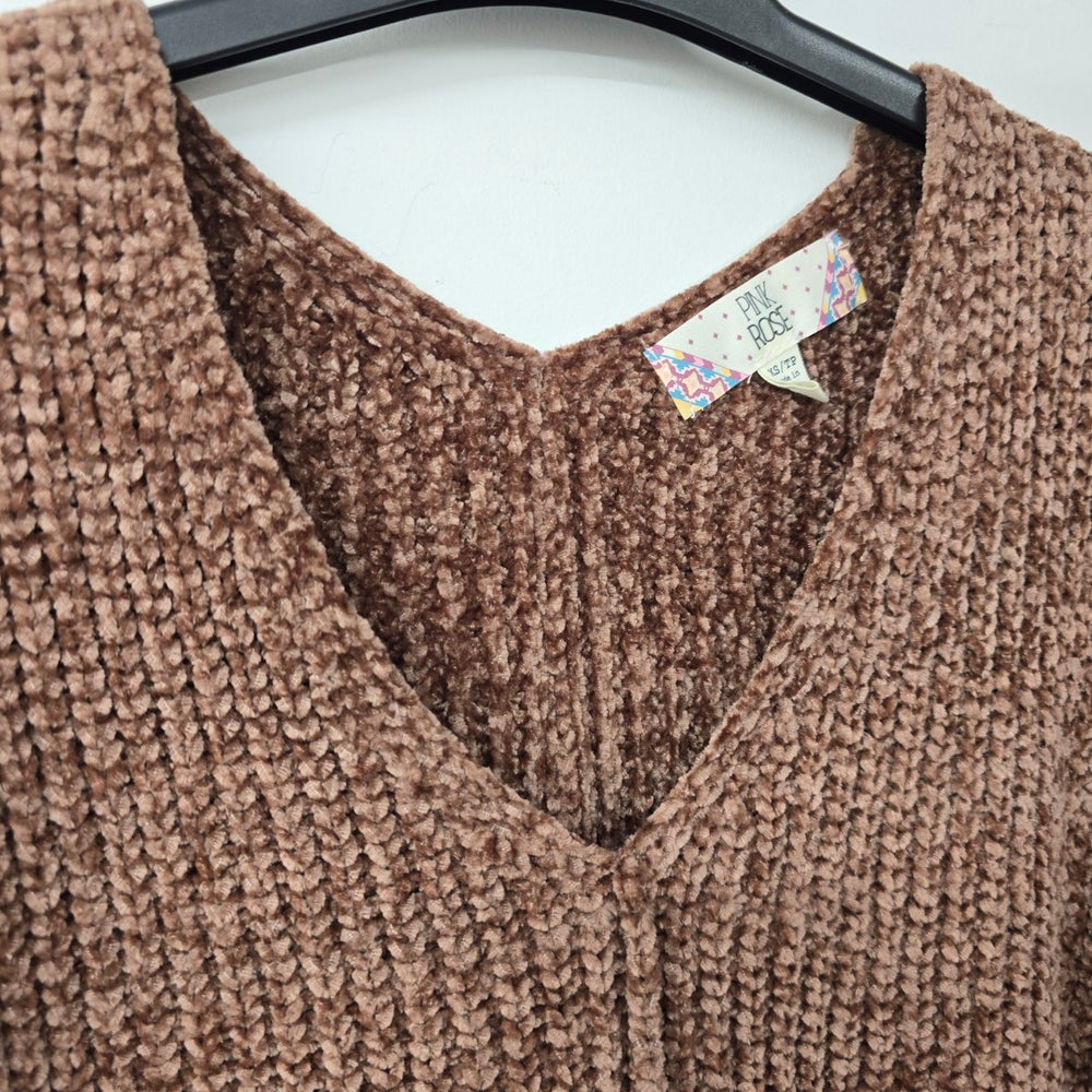 Pink Rose Brown Chenille Cropped Knit Sweater Size XS