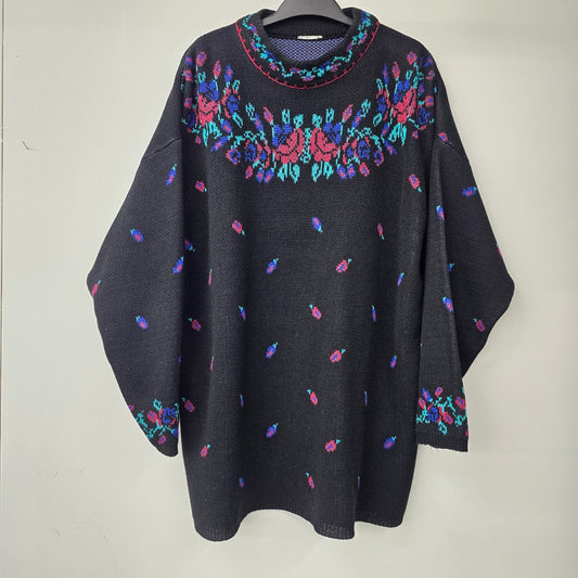 Vintage Black Floral Knit Tunic Sweater Size M/L
