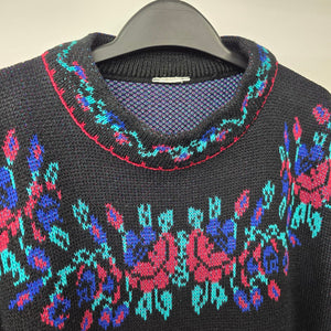 Vintage Black Floral Knit Tunic Sweater Size M/L