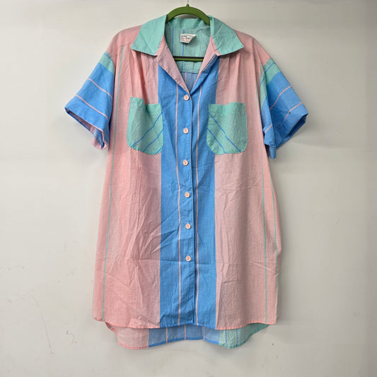 Vintage Pink Pastel Color Block Button Up Long Tunic Top Size M