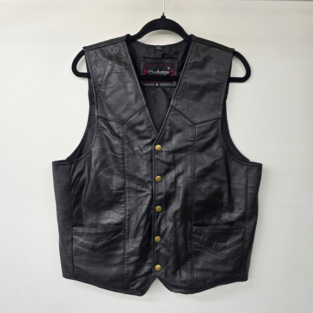 Vintage Challenge Black Leather Snap Front Biker Vest Size S