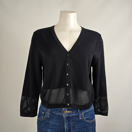 Lord & Taylor Black Cotton Open Knit Button Up Cardigan Size L