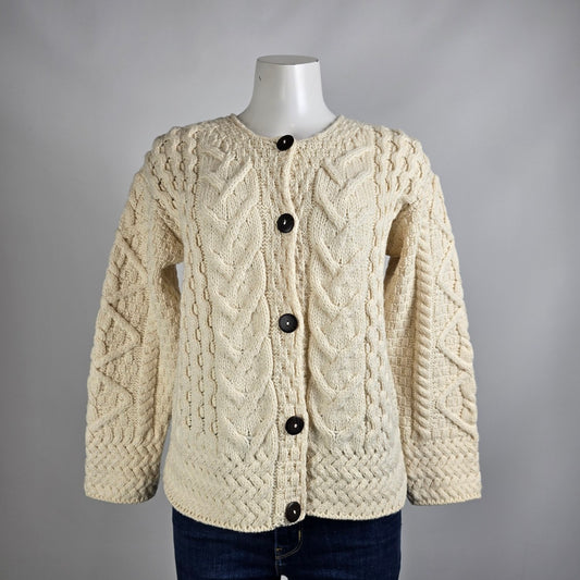 Carraig Donn Cream Merino Wool Irish Knit Button Up Cardigan Size M