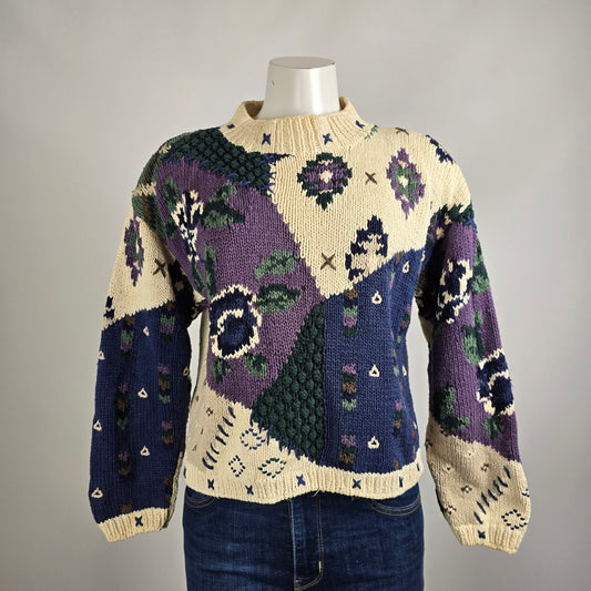 Vintage Mannequin Cream & Purple Floral Knit Cotton Handknit Sweater Size S