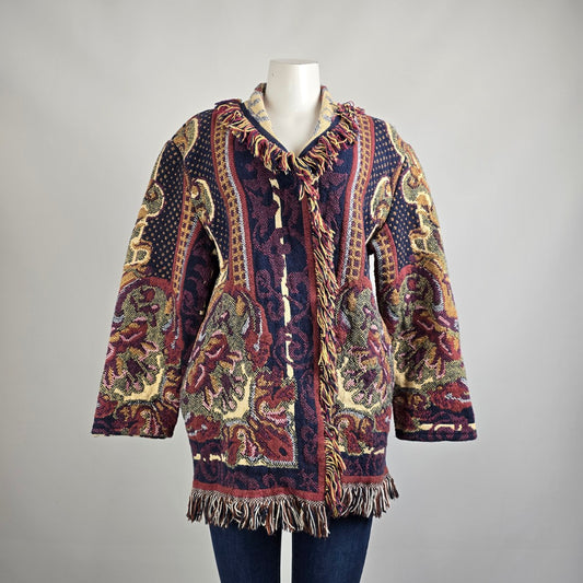 Vintage Granite Purple Cotton Floral Fringe Detail Jacket Cardigan Size L