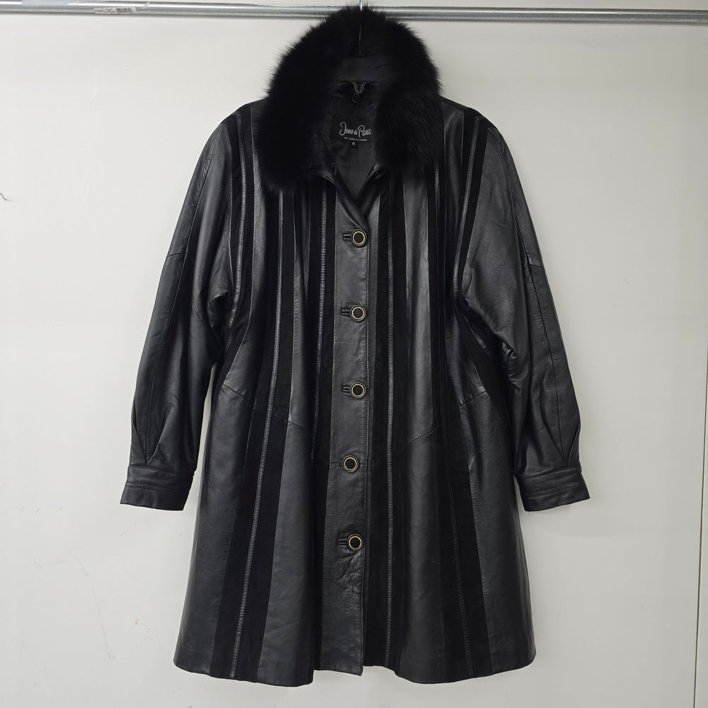 Vintage Jeno de Paris Black Leather & Suede Fur Trimmed Jacket Size 6