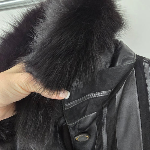 Vintage Jeno de Paris Black Leather & Suede Fur Trimmed Jacket Size 6