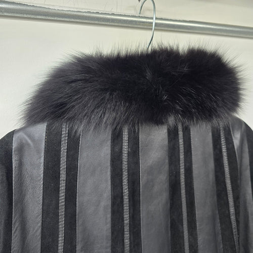 Vintage Jeno de Paris Black Leather & Suede Fur Trimmed Jacket Size 6
