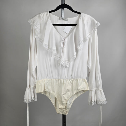 Vintage Smart Set White Ruffle Neck Bodysuit Size L