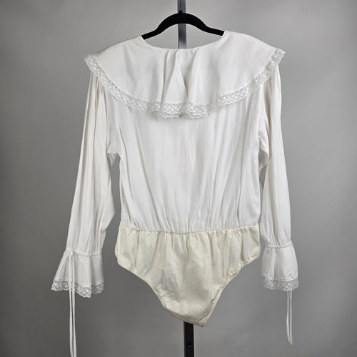Vintage Smart Set White Ruffle Neck Bodysuit Size L