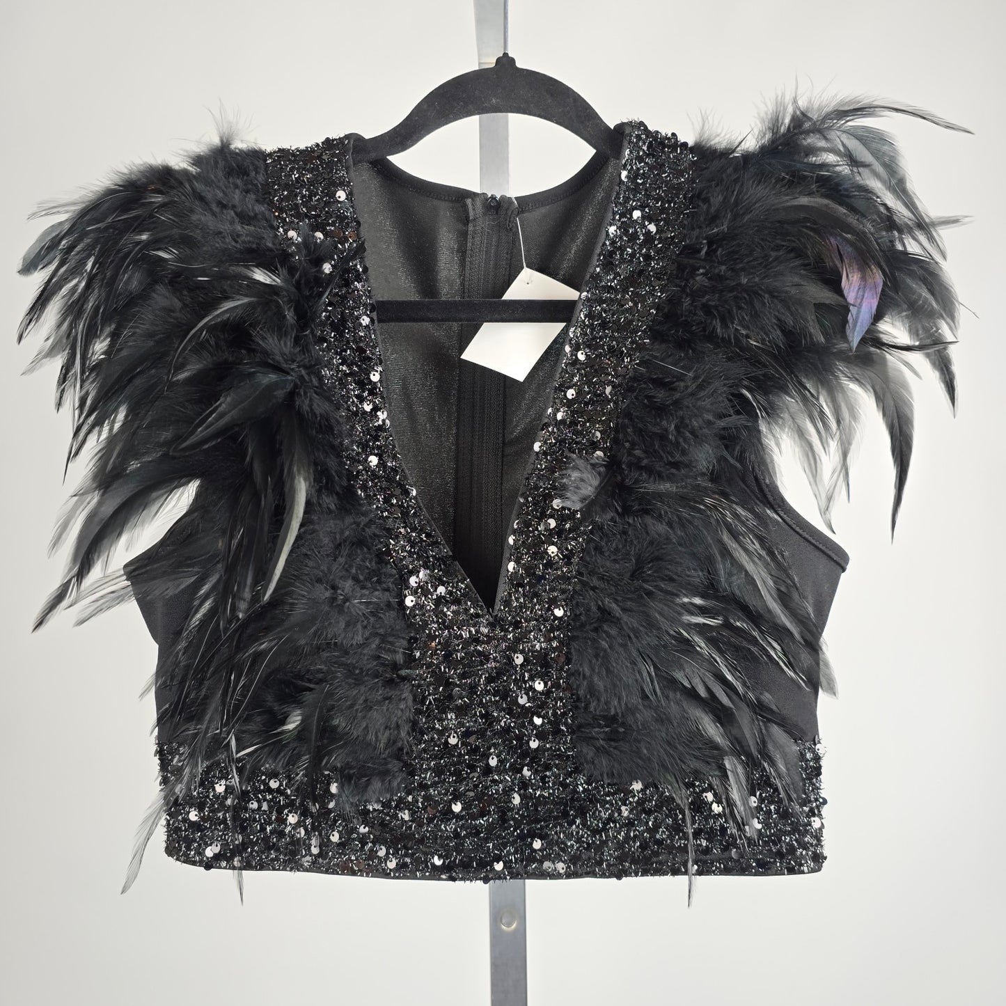 Black Feather Sequined Crop Top Size M