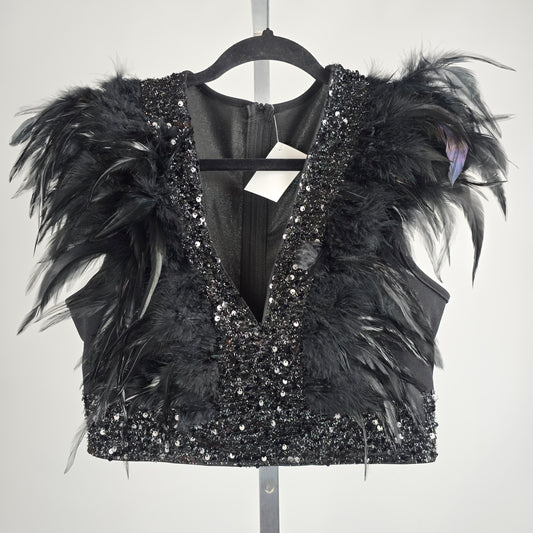 Black Feather Sequined Crop Top Size M