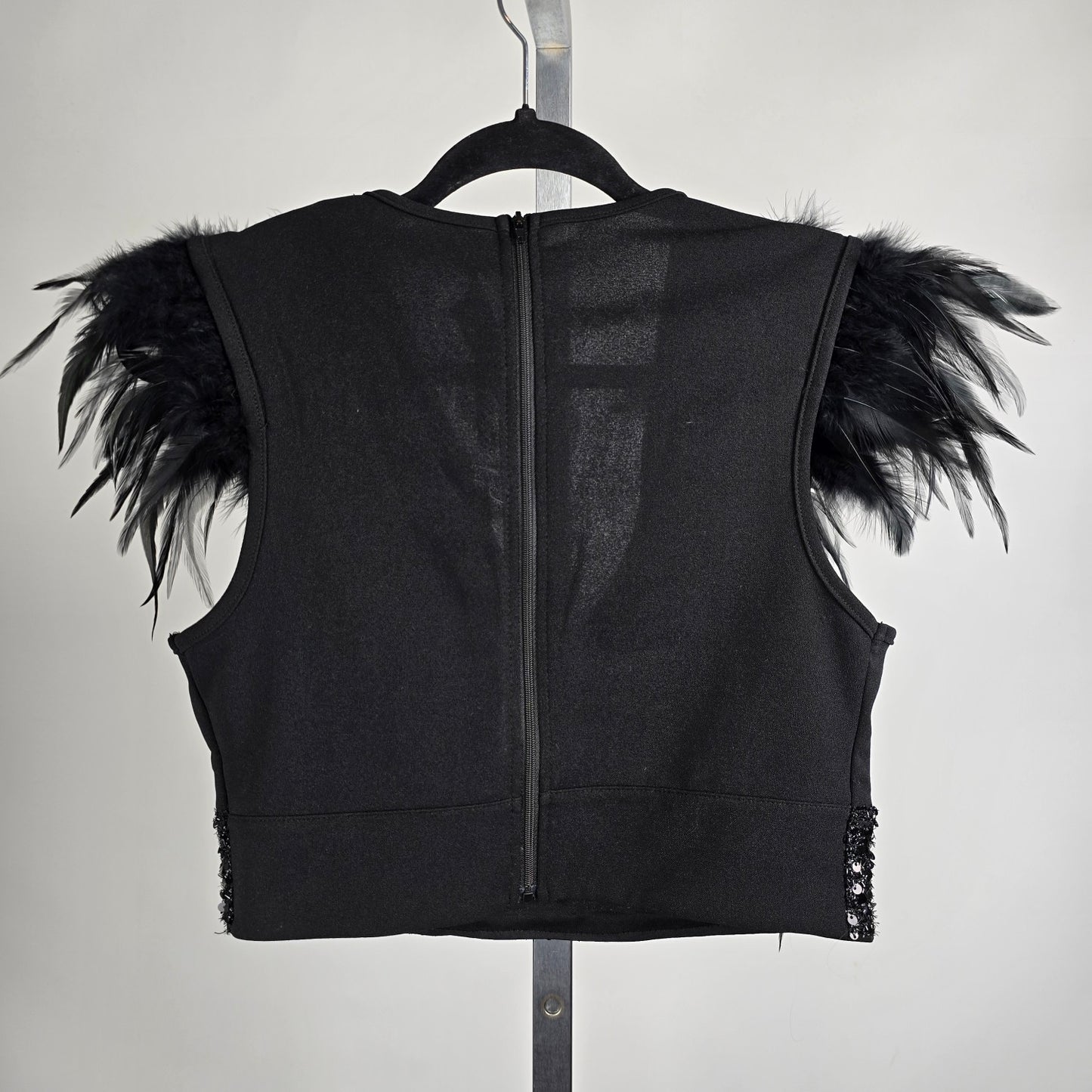 Black Feather Sequined Crop Top Size M
