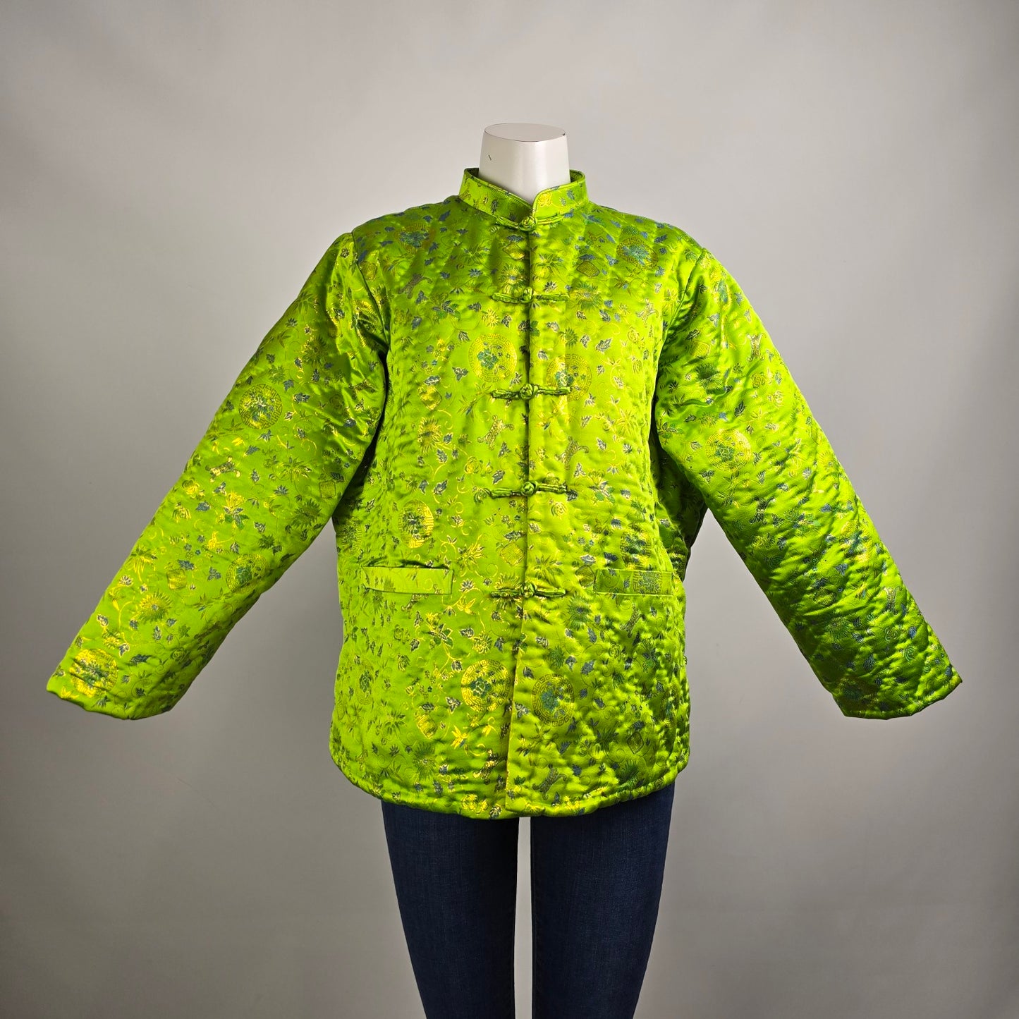 Vintage Chinese Style Quilted Bright Green Frog Closure Jacket Size L/XL