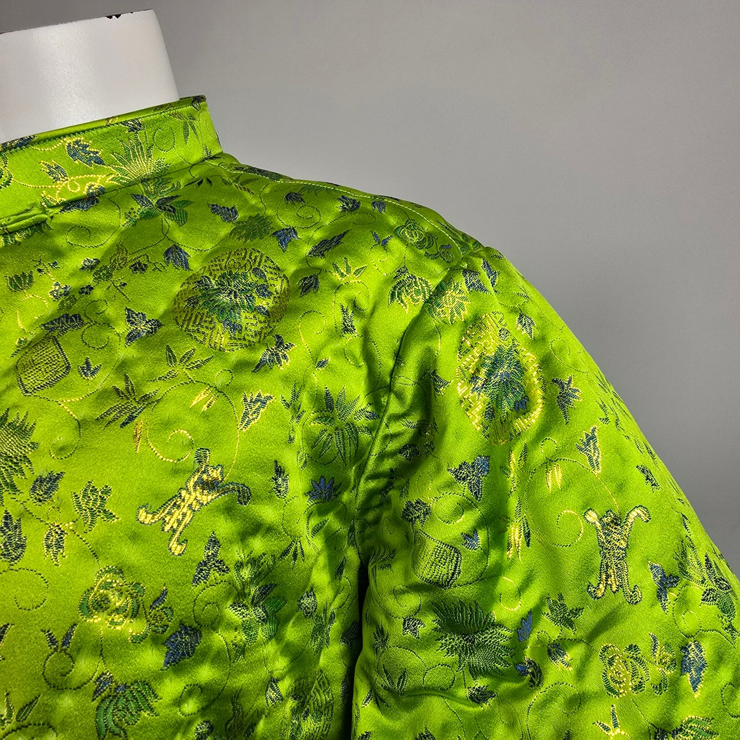 Vintage Chinese Style Quilted Bright Green Frog Closure Jacket Size L/XL